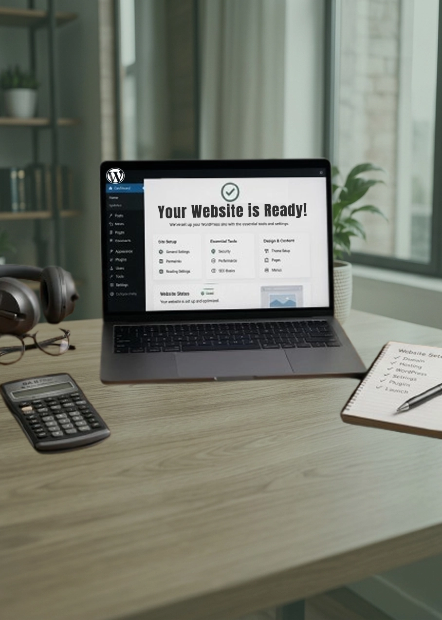 computer showing a WordPress setup with caption 'your website is ready'